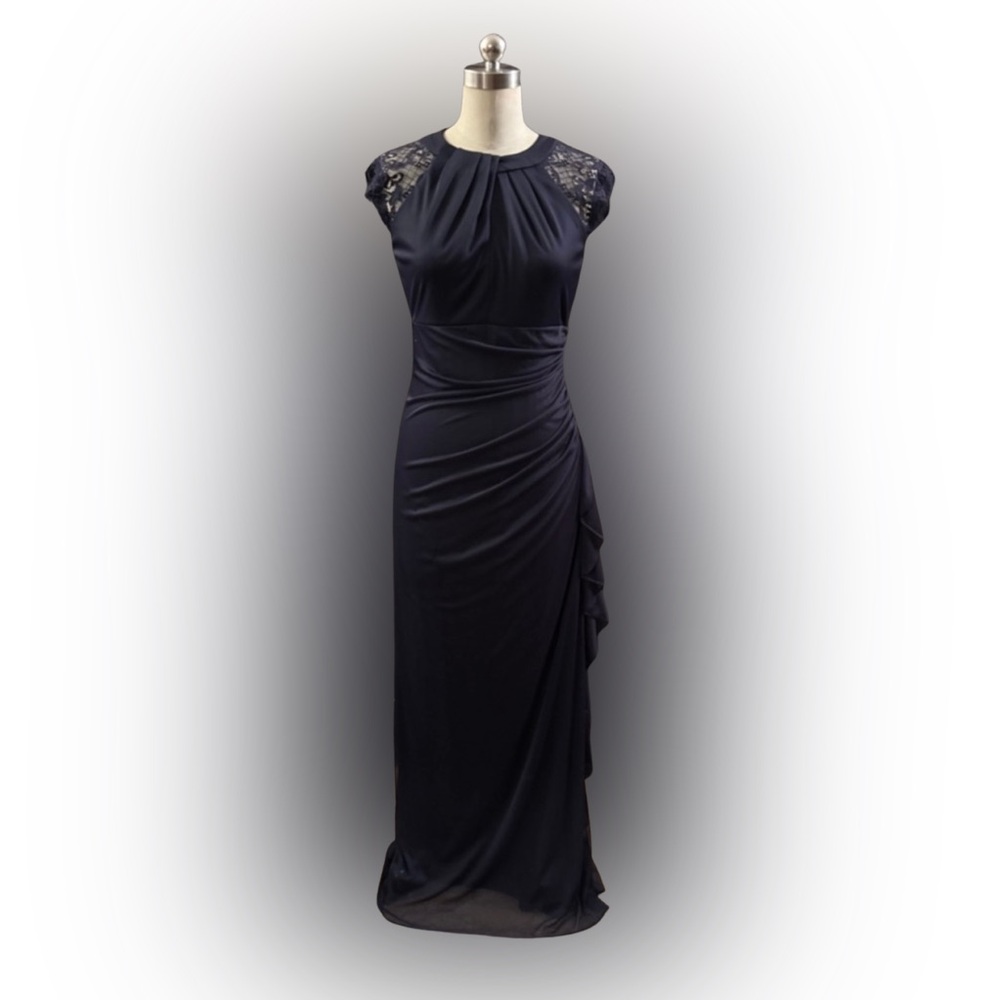 Betsy & Adam B&A Navy Lace-Back Cap Sleeve Long Dress with Ruffle Size 12 - NWT